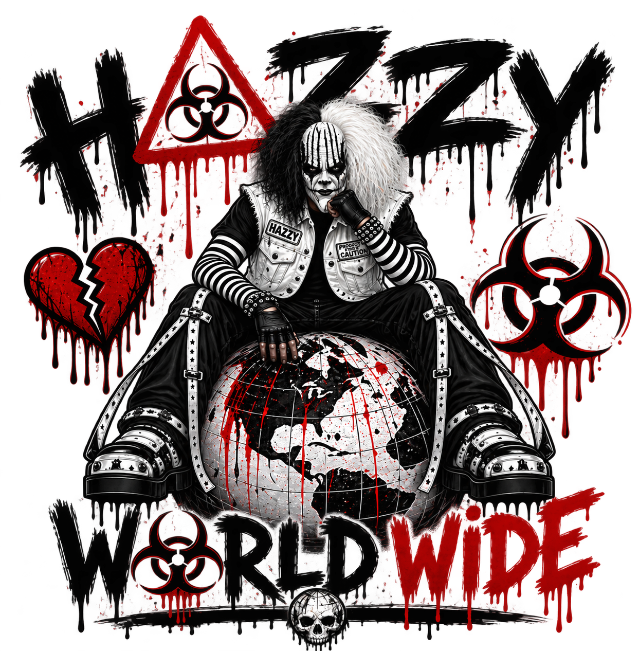 Hazzy the Clown HAZZY WORLDWIDE artwork: seated on a globe with red biohazard art and lettering